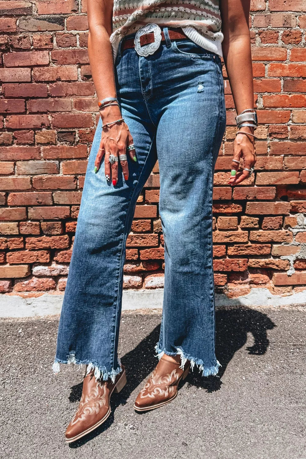 High Waist Frayed Hem Flare Jeans, model styling view