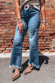 High Waist Frayed Hem Flare Jeans, model styling view