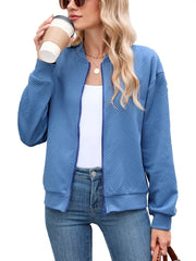 65% rayon, 30% polyester, 5% spandex Care instructions: Machine wash cold bomber jacket in Pink with relaxed silhouette