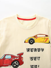 Cream cotton t-shirt with red racing cars and "READY SET GO!" graphic print.