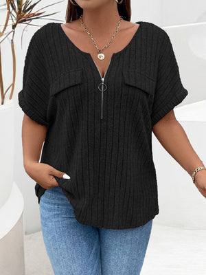 Black ribbed knit henley with zip neckline and chest pockets
