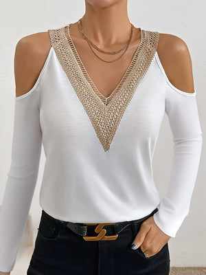 White cold shoulder knit top with gold lace V-neck detail