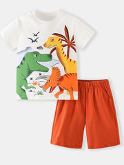 Toddler cotton dinosaur adventure two-piece set with graphic tee and orange shorts