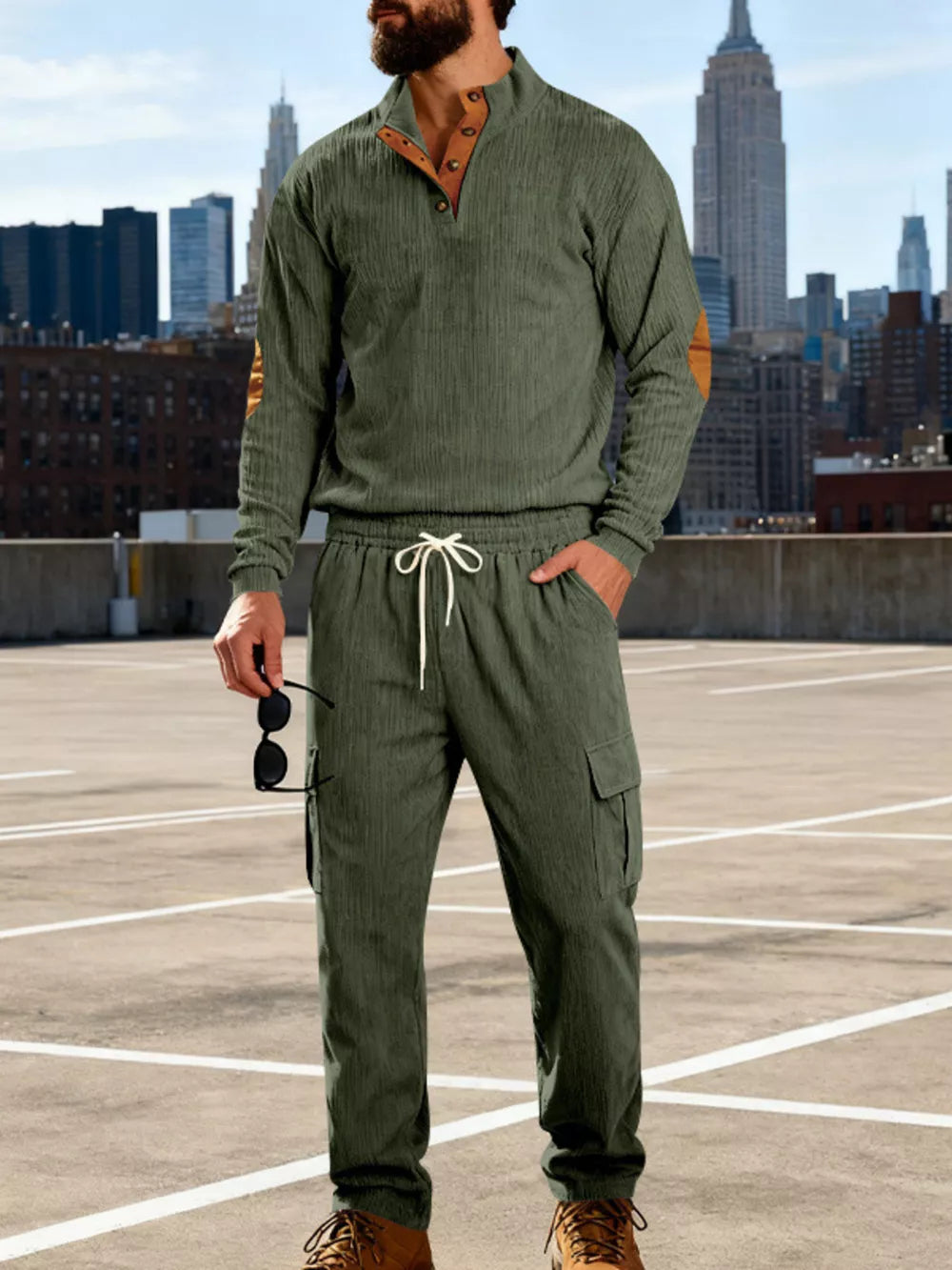 Men's Casual Button Detail Top And Pants Set in Gray, back view