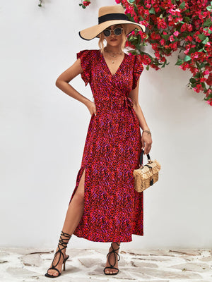 Deep Red floral wrap midi dress with flutter sleeves and a belted waist.