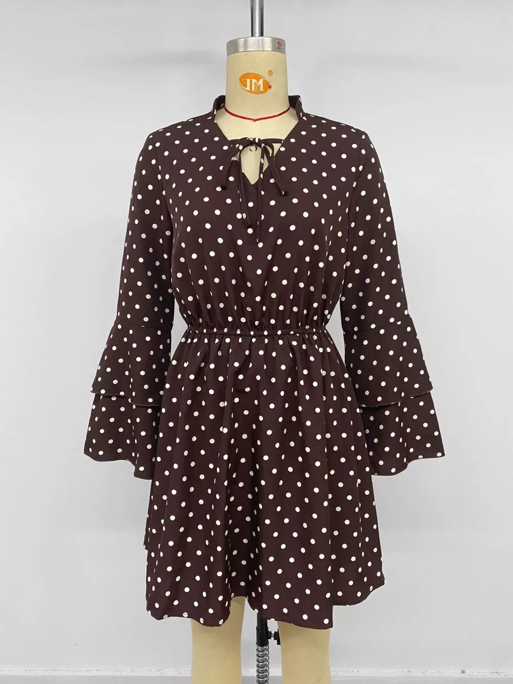 Polka Dot Flare Sleeve Tie Neck Dress in Coffee Brown, fabric detail