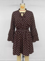 Polka Dot Flare Sleeve Tie Neck Dress in Coffee Brown, fabric detail