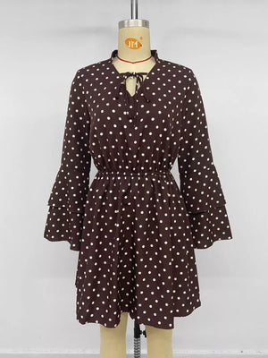 Polka Dot Flare Sleeve Tie Neck Dress in Coffee Brown, fabric detail