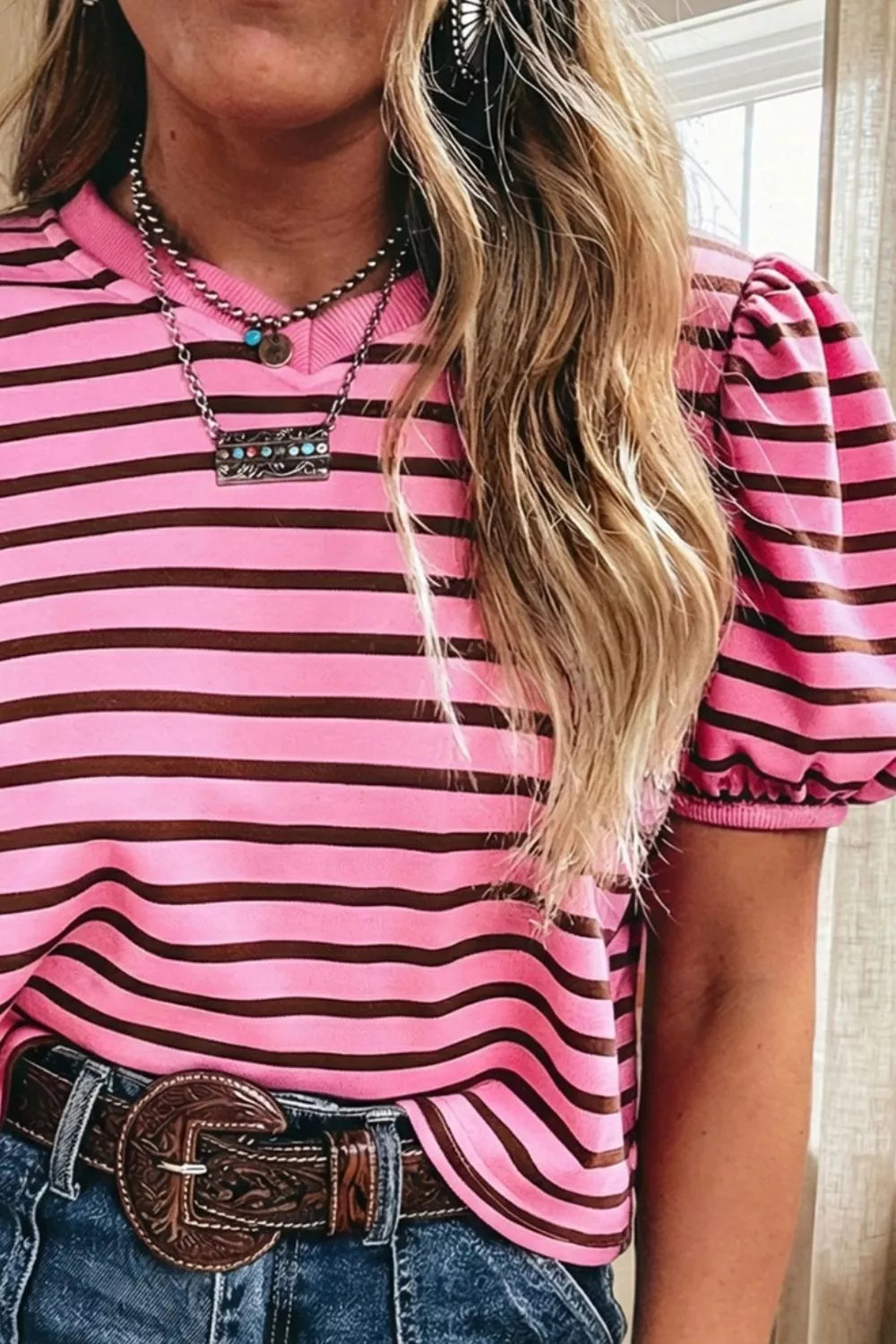 Pink and brown striped cotton blend t-shirt with puff sleeves and crew neck.