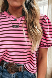 Pink and brown striped cotton blend t-shirt with puff sleeves and crew neck.