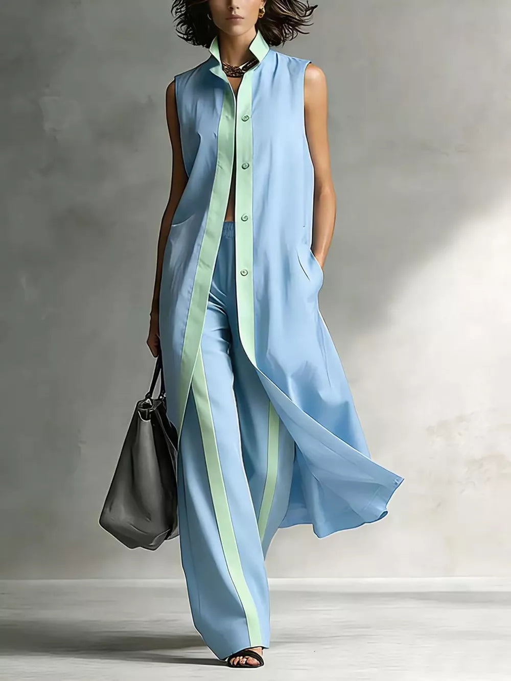 Sleeveless Longline Vest And Wide-leg Pants Set in Pink, front view