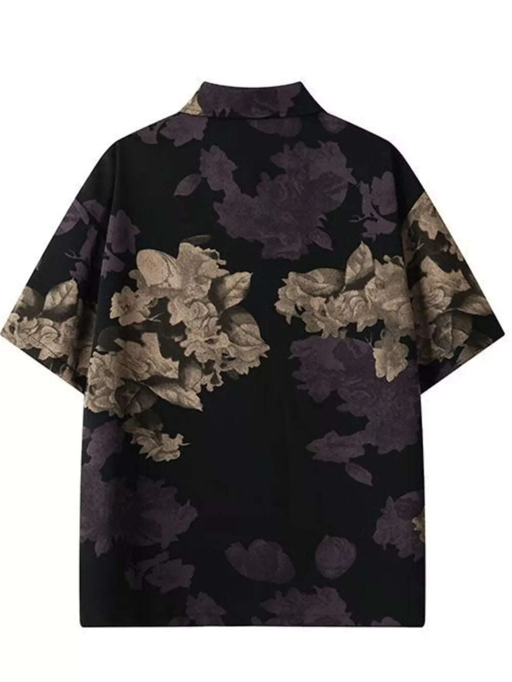 Men's black oversized short sleeve shirt with a large floral print.
