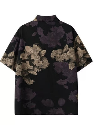 Men's black oversized short sleeve shirt with a large floral print.