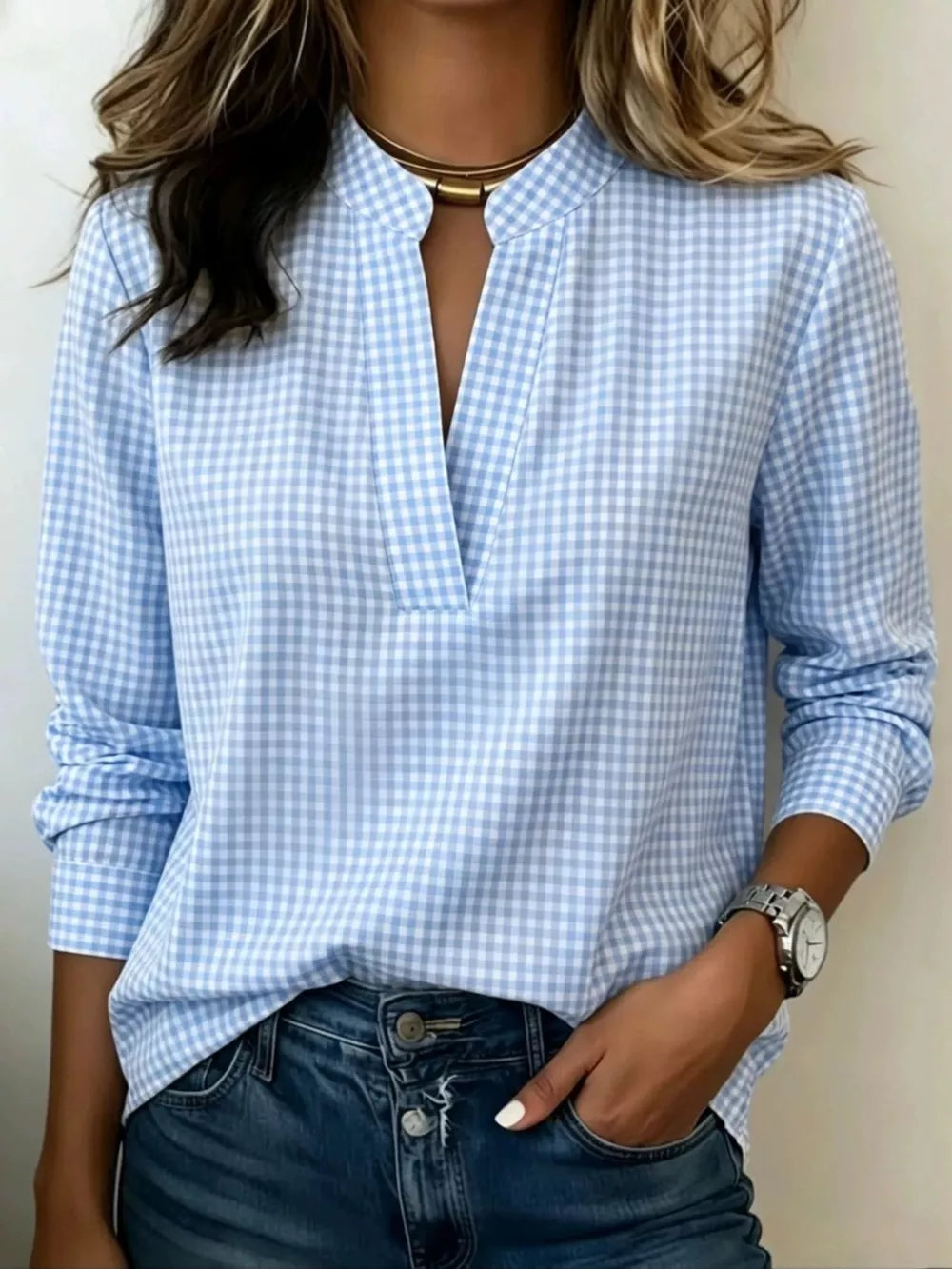 Full Size Plaid Notched Long Sleeve Blouse, front view
