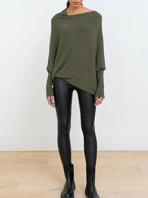 Army green off-shoulder knit sweater with textured cuffs and batwing sleeves.