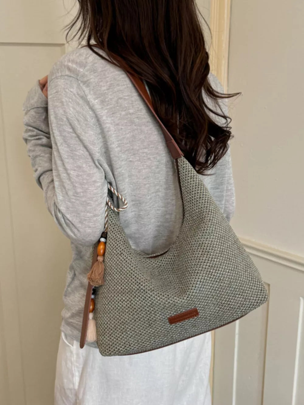Tassel Woven Shoulder Bag in Sky Blue, alternate angle