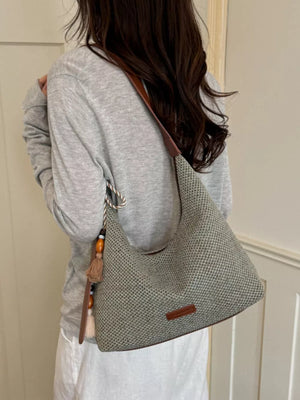 Tassel Woven Shoulder Bag in Sky Blue, alternate angle