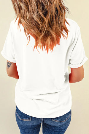 White casual t-shirt with rolled sleeves and a graphic detail on the left arm.