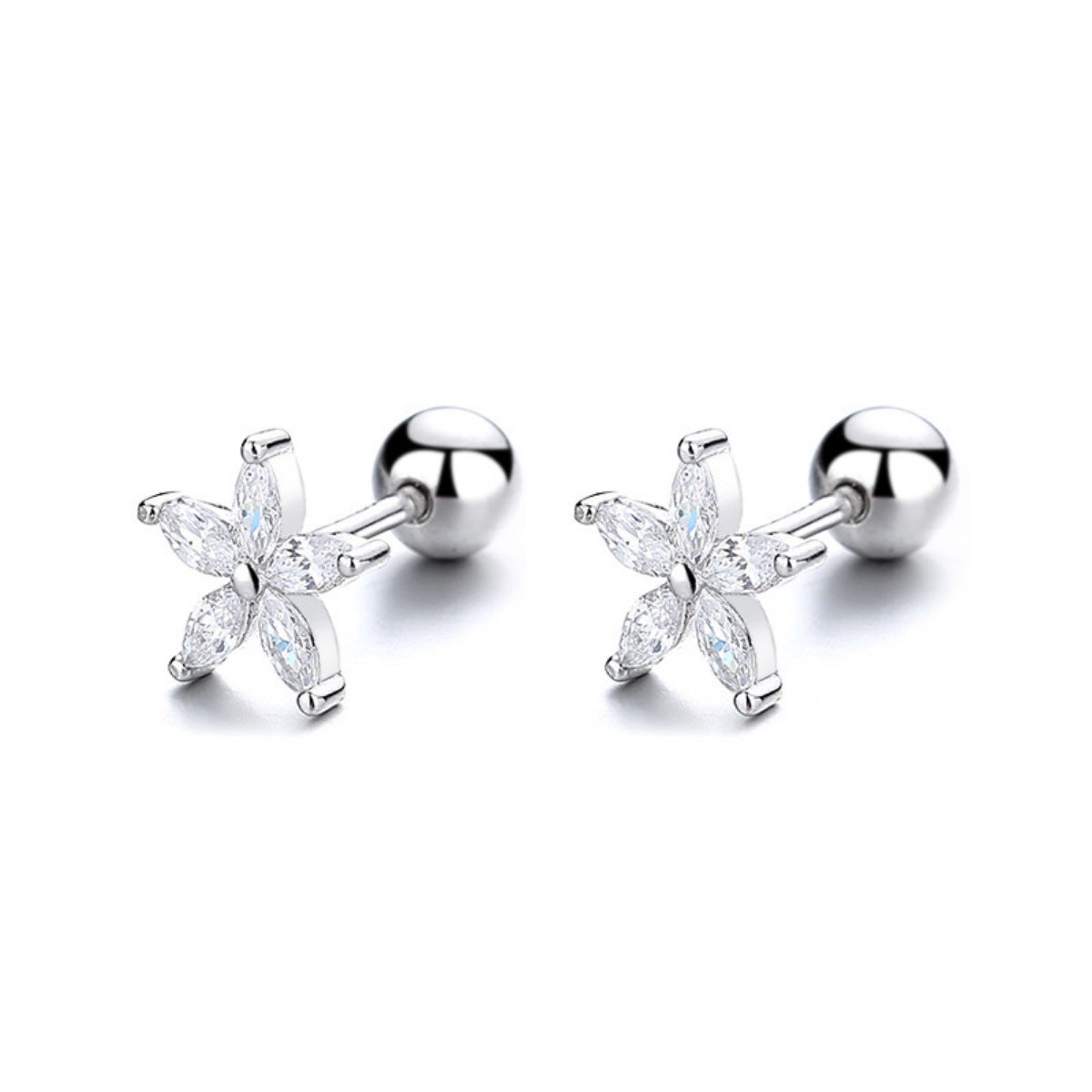 Silver flower stud earrings with clear marquise crystals, 925 sterling.