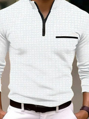 White textured zip-neck polo with black contrast pocket