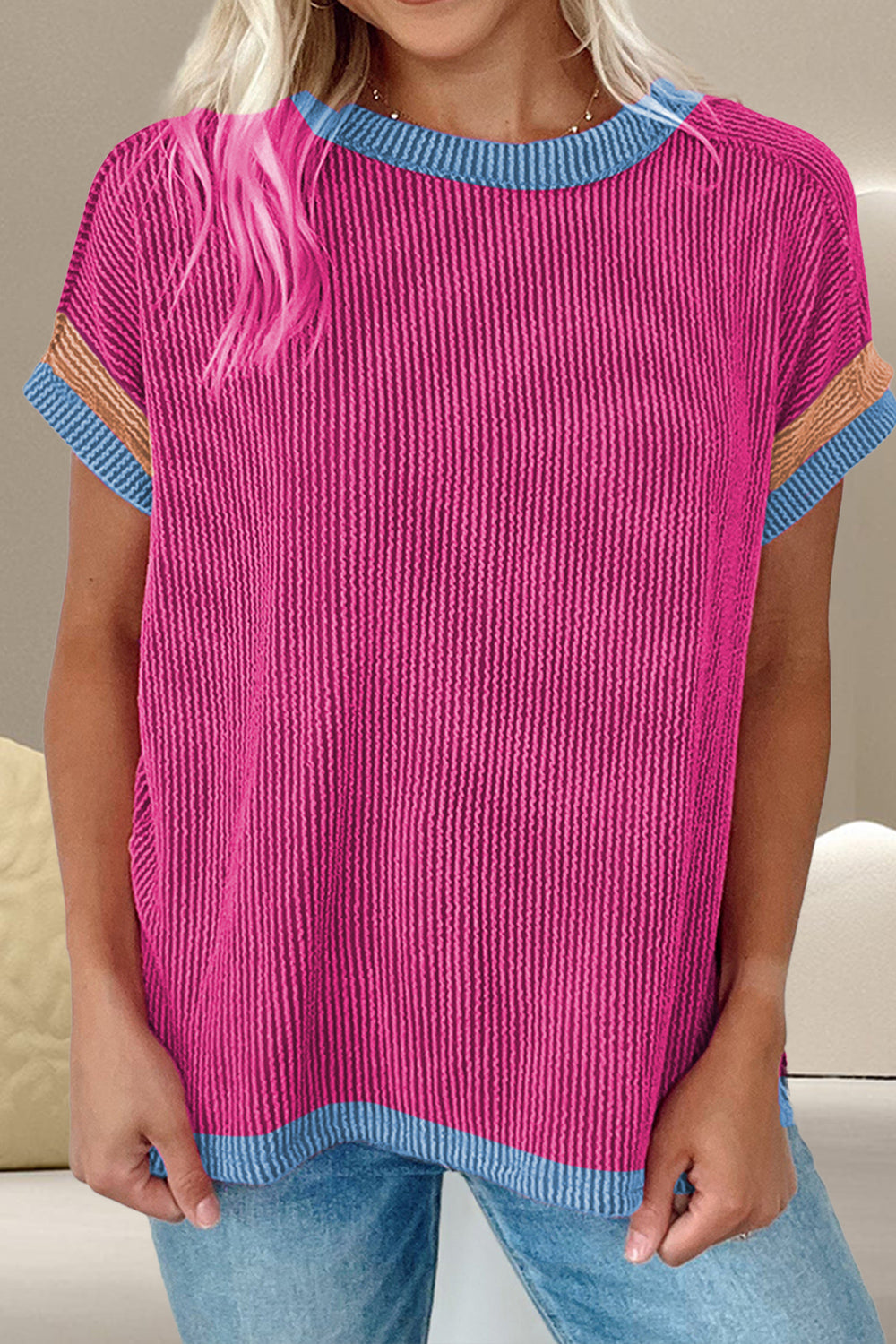 Ribbed tee in cerise with blue and brown trim details.