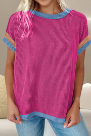 Ribbed tee in cerise with blue and brown trim details.