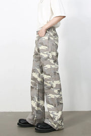 Camouflage flare denim trousers in gray with a relaxed fit.