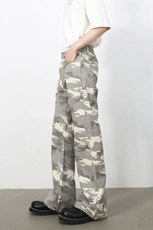 Camouflage flare denim trousers in gray with a relaxed fit.