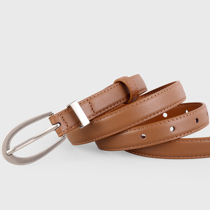Brown cowhide leather skinny belt with silver buckle and adjustable holes