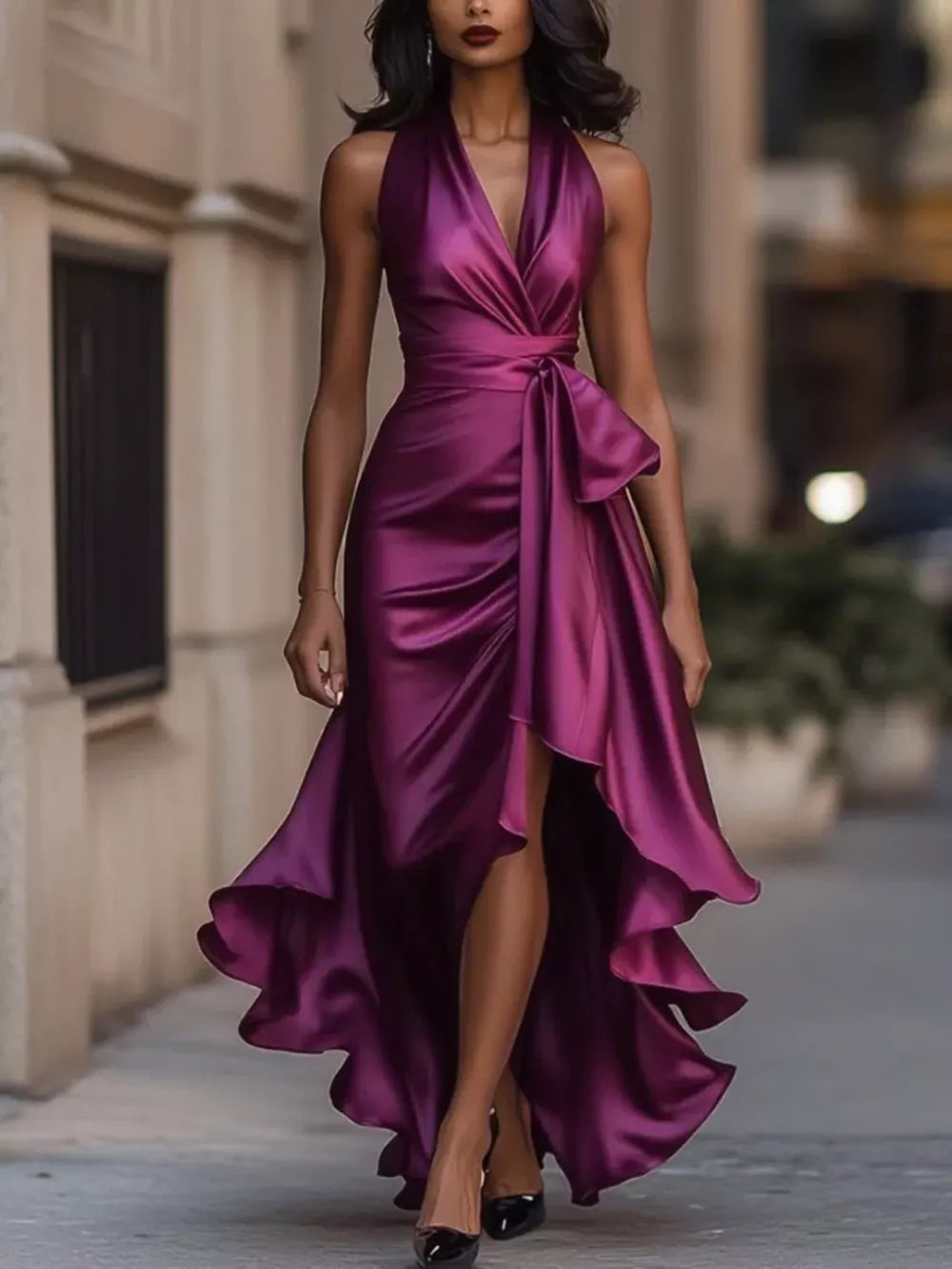 Purple red satin high-low ruffled maxi dress with cinched waist and halter neckline.