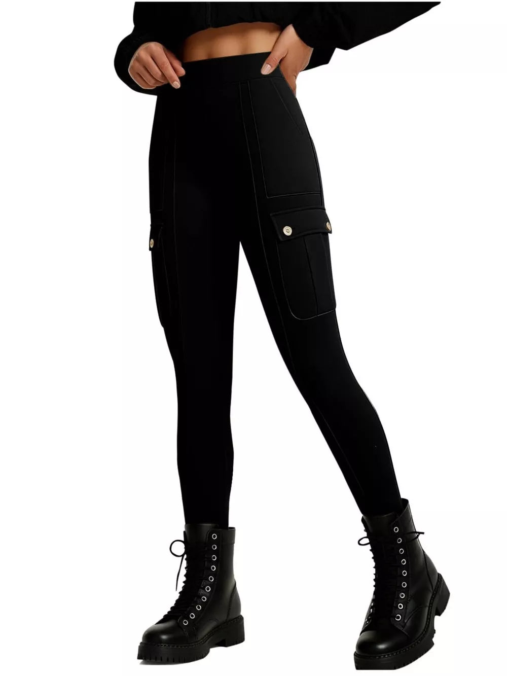 Black high-waisted active pants with cargo pockets and gold button details.