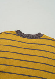 Yellow and grey striped knit sweater with a crew neck.