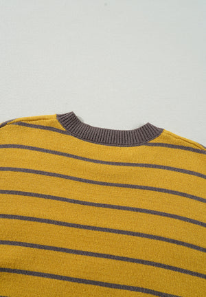 Yellow and grey striped knit sweater with a crew neck.