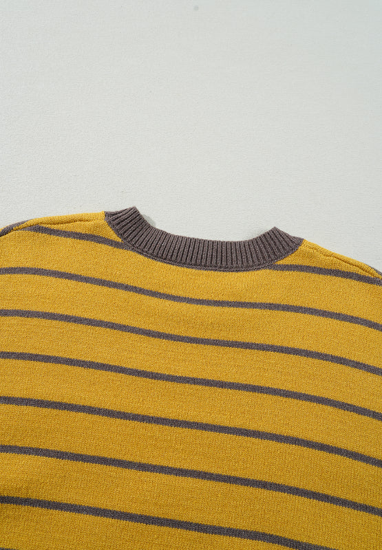 Yellow and grey striped knit sweater with a crew neck.