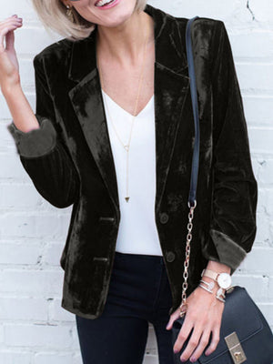 Black velvet tailored blazer with button closure and cuffed sleeves.