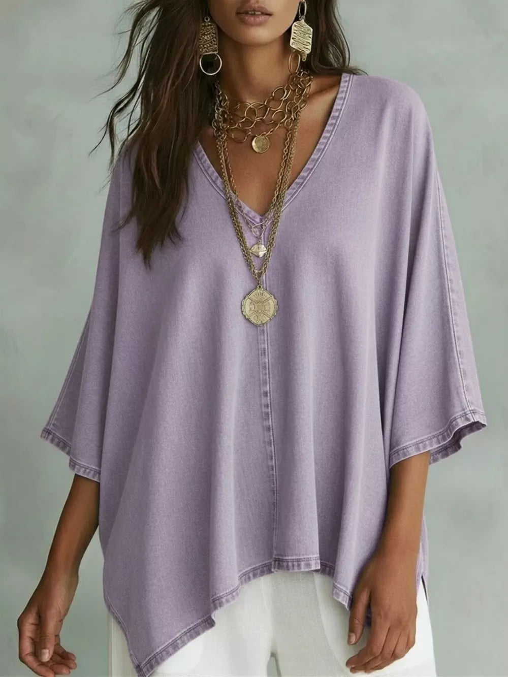 V-neck Batwing Sleeve T-shirt, back view