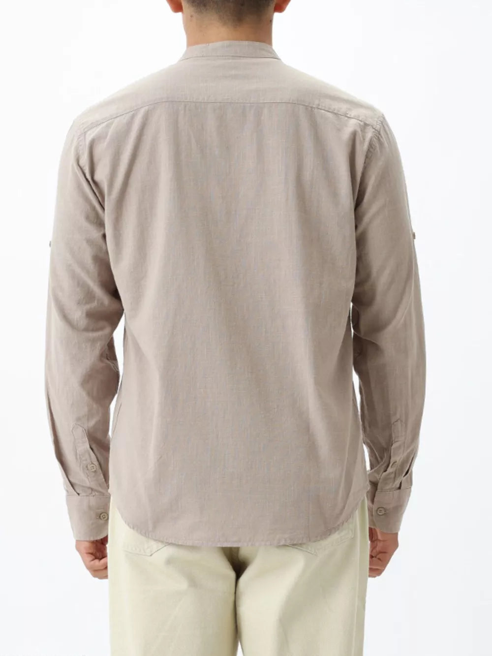 Men's cotton mandarin collar shirt in Desert Color, button-down with long sleeves.