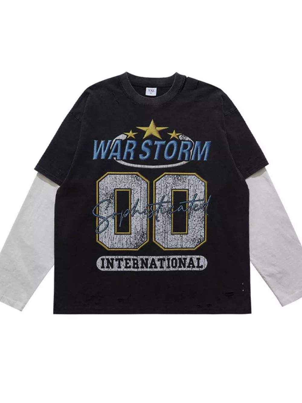 Black long sleeve t-shirt with distressed details and "WAR STORM 00 INTERNATIONAL" graphic.