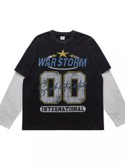 Black long sleeve t-shirt with distressed details and "WAR STORM 00 INTERNATIONAL" graphic.