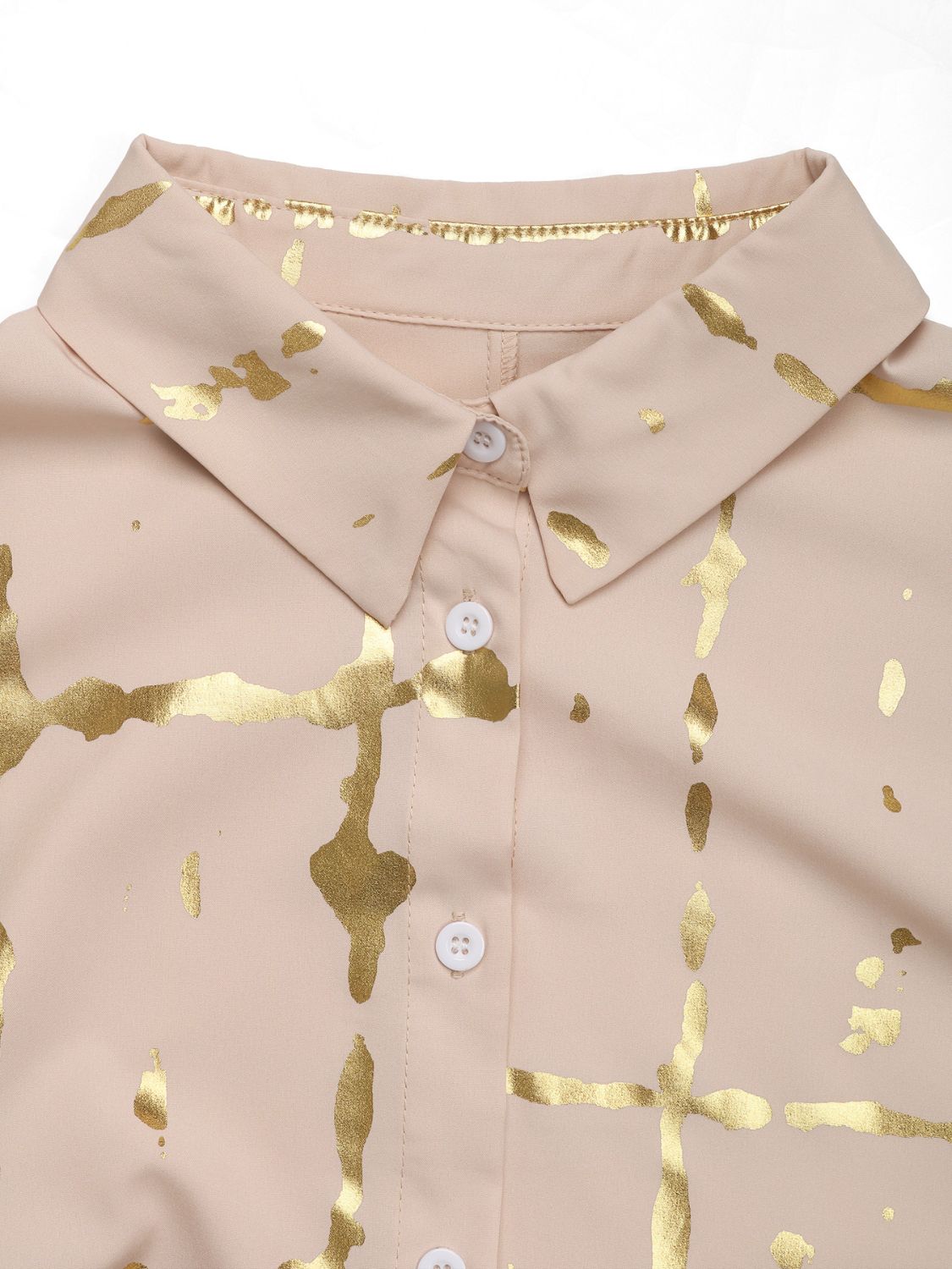 Tan blouse with gold brushstroke print and button front