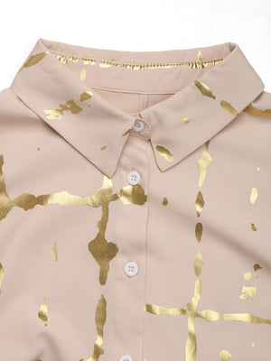 Tan blouse with gold brushstroke print and button front