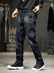 Men's dark wash distressed denim jeans with slim fit and casual styling.