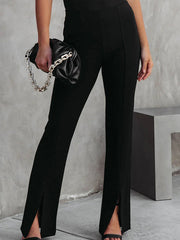 Black split-front flared tailored trousers with a high waist and subtle seam detail.