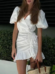 Puff Sleeve Ruffled Hem Mini Dress