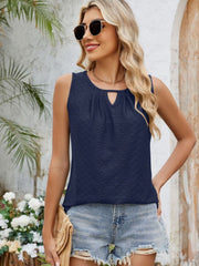 Navy perforated keyhole tank top with gathered neckline