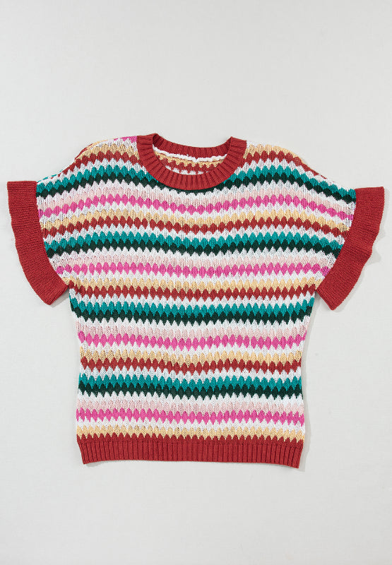 Textured stripe knit sweater with contrast red trim and short sleeves.