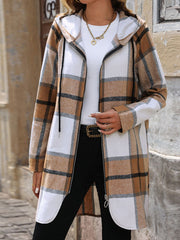 Longline plaid hoodie jacket in camel with zip front and drawstring hood.