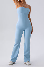 Light blue ribbed bandeau flare leg jumpsuit with a seamless fit.