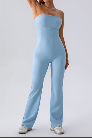 Light blue ribbed bandeau flare leg jumpsuit with a seamless fit.