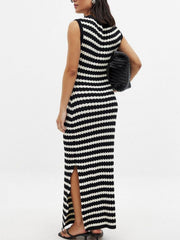 Striped knit midi dress with side slit and scoop neck.